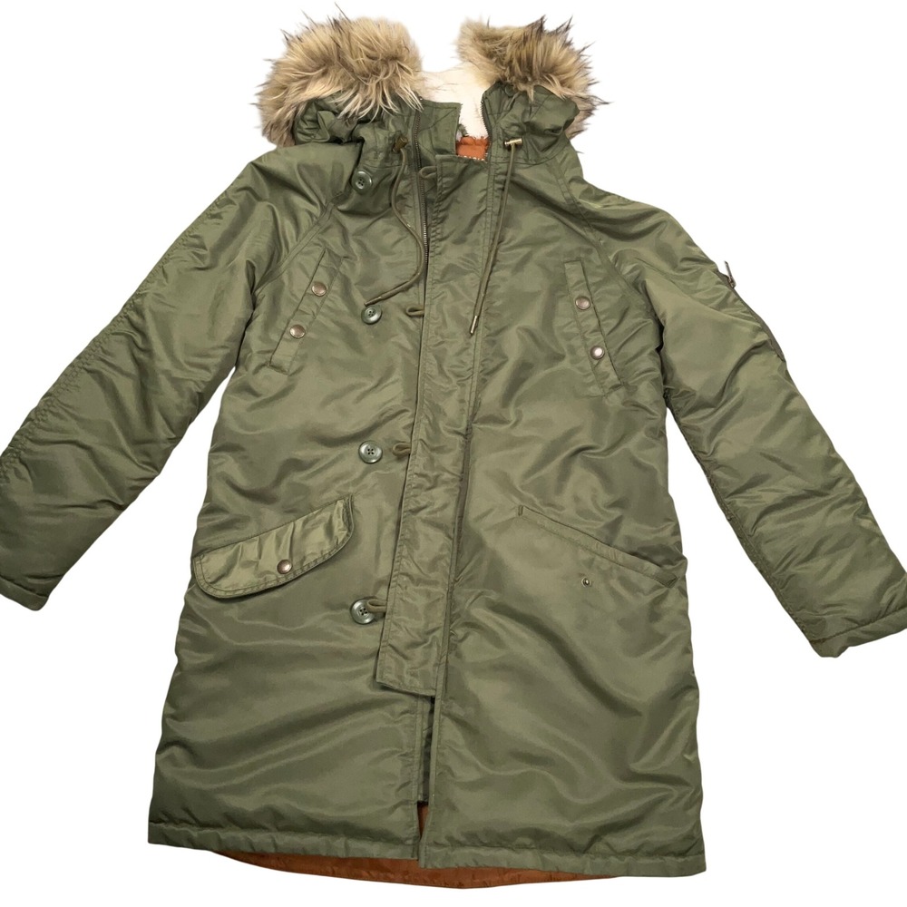 American Eagle Parka Jacket Women XS Green Faux Fur Hood Military Snorkel Coat